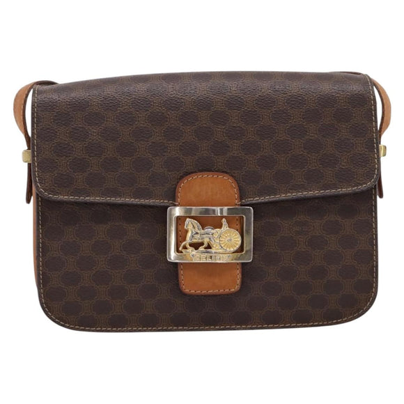 CELINE Macadam Canvas Horse Carriage Bag PVC Leather Brown Gold Auth 208243