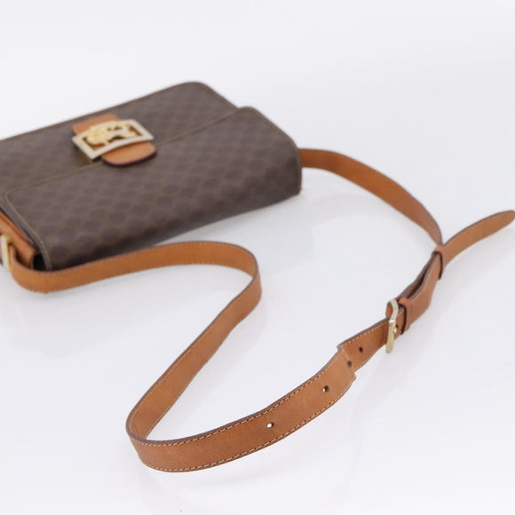 CELINE Macadam Canvas Horse Carriage Bag PVC Leather Brown Gold Auth 208243