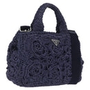 PRADA Hand Bag Raffia 2way Navy Silver Auth 208246-1