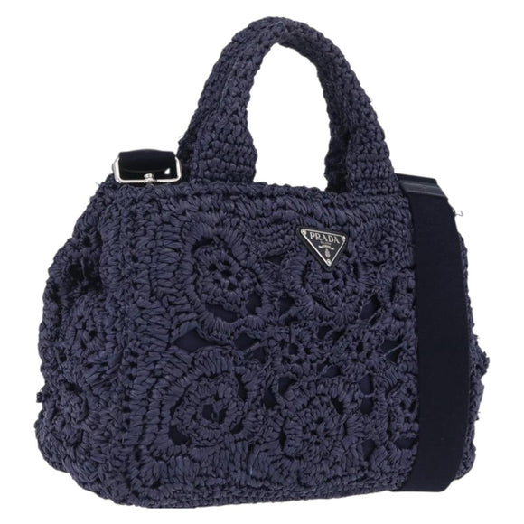 PRADA Hand Bag Raffia 2way Navy Silver Auth 208246