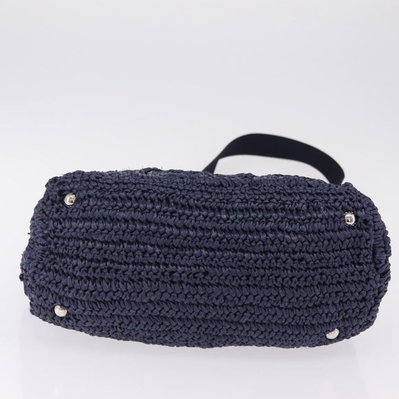 PRADA Hand Bag Raffia 2way Navy Silver Auth 208246