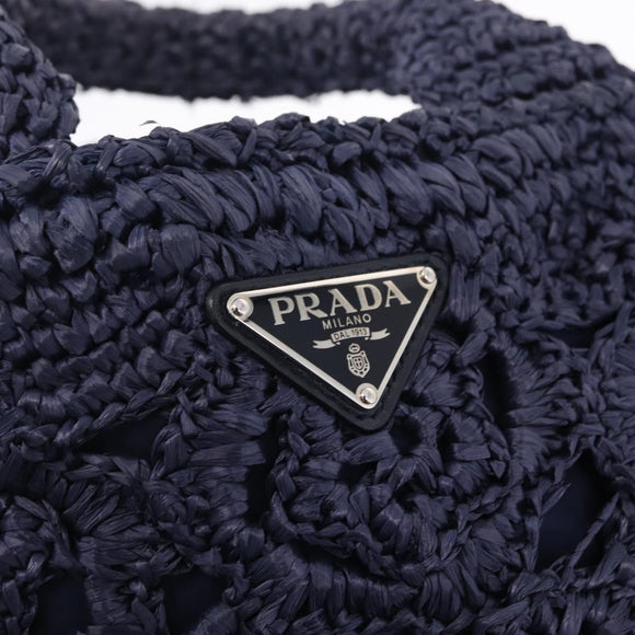 PRADA Hand Bag Raffia 2way Navy Silver Auth 208246