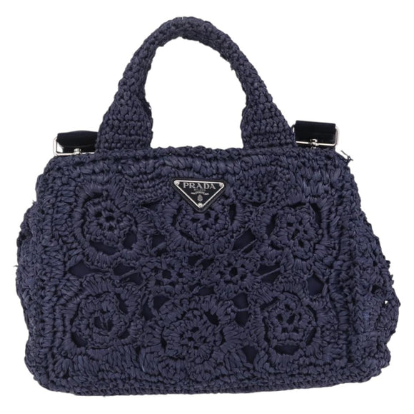 PRADA Hand Bag Raffia 2way Navy Silver Auth 208246