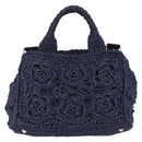 PRADA Hand Bag Raffia 2way Navy Silver Auth 208246-3