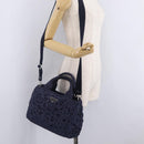 PRADA Hand Bag Raffia 2way Navy Silver Auth 208246-31