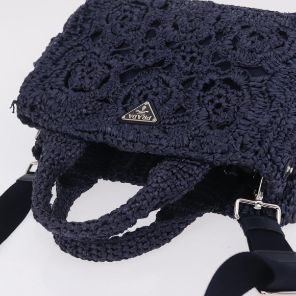PRADA Hand Bag Raffia 2way Navy Silver Auth 208246