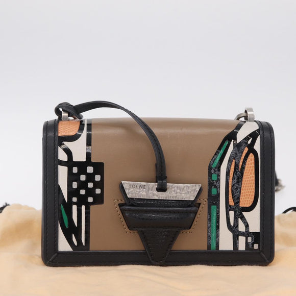 LOEWE Chain Barcelona Shoulder Bag Leather Beige Gold Auth 208257M