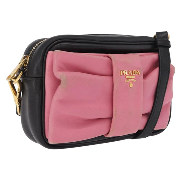 PRADA Ribbon Shoulder Bag Leather Black Pink Auth 208264A
