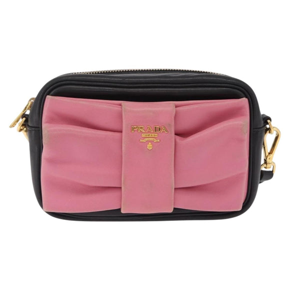 PRADA Ribbon Shoulder Bag Leather Black Pink Auth 208264A