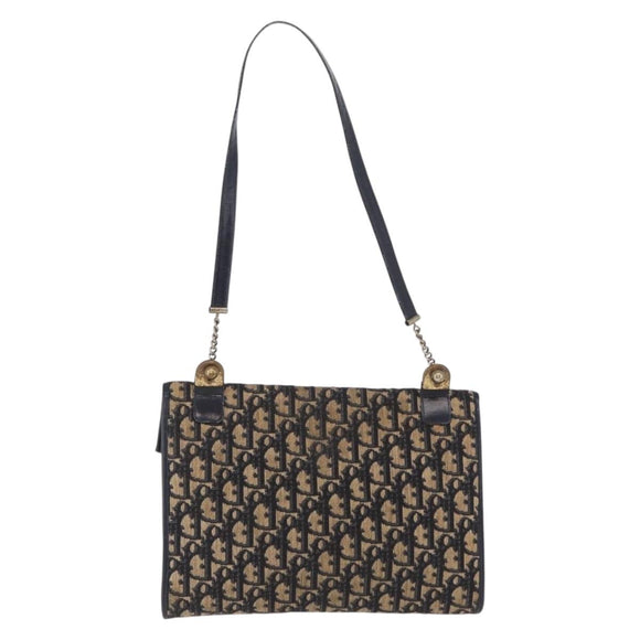 Christian Dior Trotter Canvas Shoulder Bag Navy Gold Auth 208265