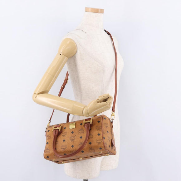 MCM Logogram Vicetos Boston Bag PVC Leather 2way Brown Gold Auth 208266A