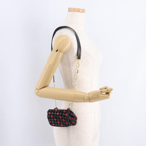 Bottega Veneta INTRECCIATO Chain Shoulder Pouch Leather Black Gold Auth 208281A