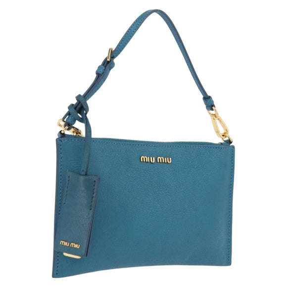 Miu Miu Madras Accessory Pouch Leather Light Blue Gold Auth 208282A