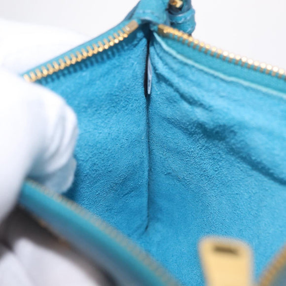 Miu Miu Madras Accessory Pouch Leather Light Blue Gold Auth 208282A