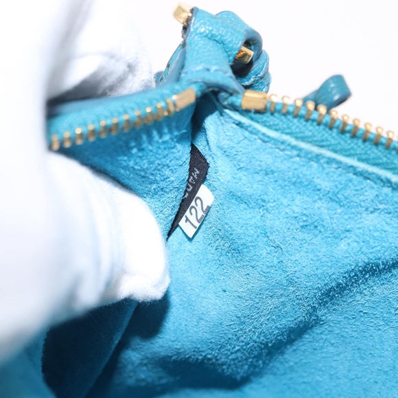 Miu Miu Madras Accessory Pouch Leather Light Blue Gold Auth 208282A