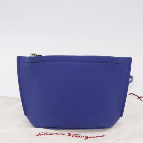 Salvatore Ferragamo Neck Pouch Leather Blue Silver Auth 208284V