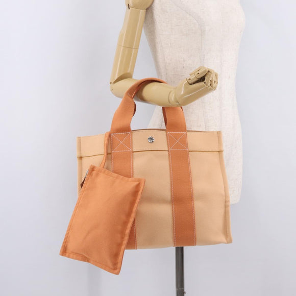 HERMES Coquillage PM Hand Bag Canvas Orange Silver Auth 208285A