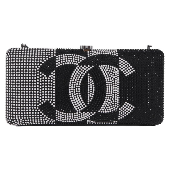 CHANEL Shoulder Bag Rhinestone Black Silver CC Auth 208291SM