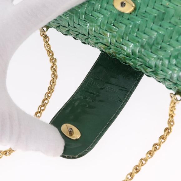 Salvatore Ferragamo Chain Shoulder Bag Raffia Green Gold Auth 208292A