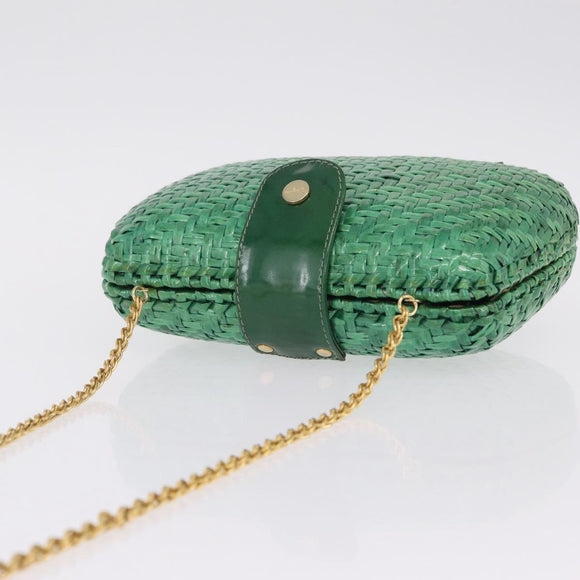 Salvatore Ferragamo Chain Shoulder Bag Raffia Green Gold Auth 208292A