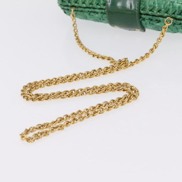 Salvatore Ferragamo Chain Shoulder Bag Raffia Green Gold Auth 208292A