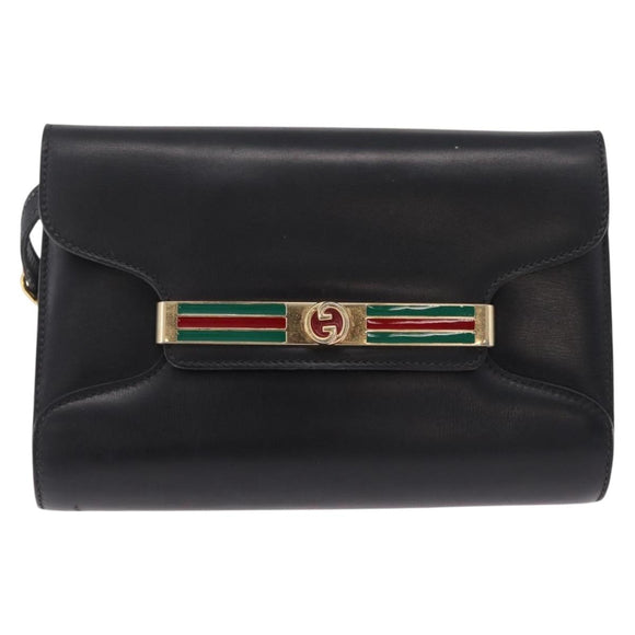 GUCCI Web Sherry Line Shoulder Bag Leather Gold Black Auth 208297