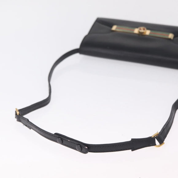 GUCCI Web Sherry Line Shoulder Bag Leather Gold Black Auth 208297