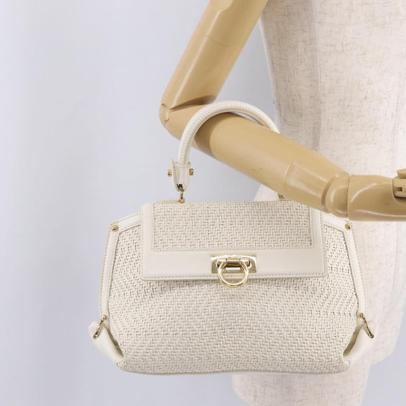 Salvatore Ferragamo Sofia Gancini Hand Bag Leather 2way White Gold Auth 208303