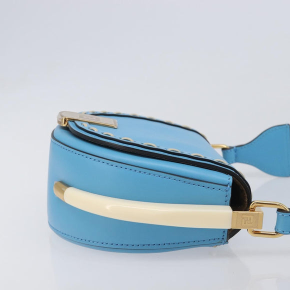 FENDI Moonlight Shoulder Bag Leather Light Blue Gold 8BT346 Auth 208306M