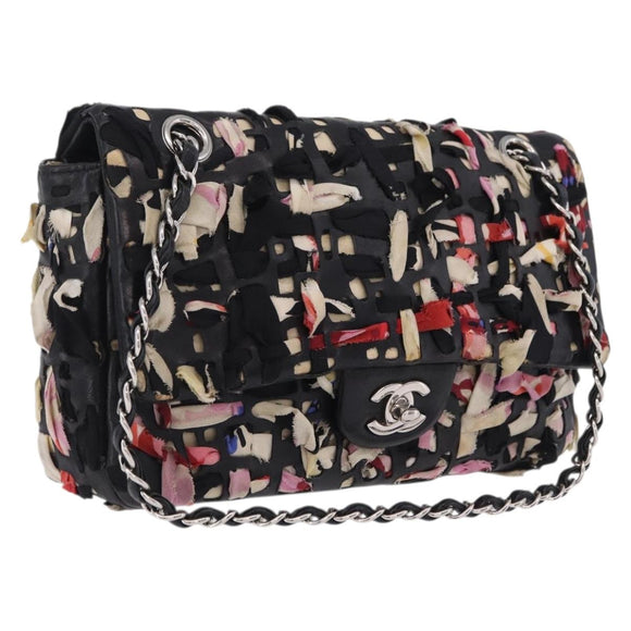 CHANEL Chain Shoulder Bag Lamb Skin Black Silver CC Auth 208312SAM