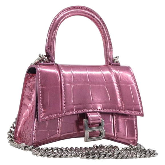 Balenciaga Chain Hour Glass Bag Leather 2way Pink Silver 664676 Auth 208322M