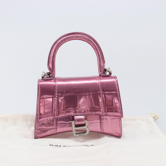 Balenciaga Chain Hour Glass Bag Leather 2way Pink Silver 664676 Auth 208322M