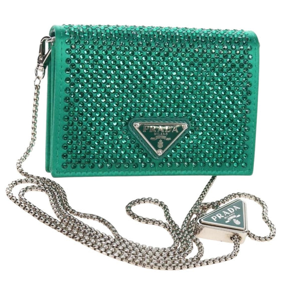 PRADA Chain Shoulder Pouch Satin Green Silver Auth 208344M