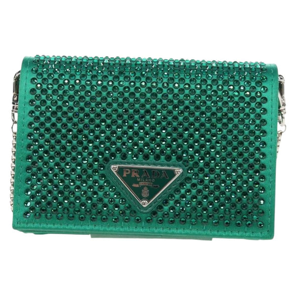 PRADA Chain Shoulder Pouch Satin Green Silver Auth 208344M