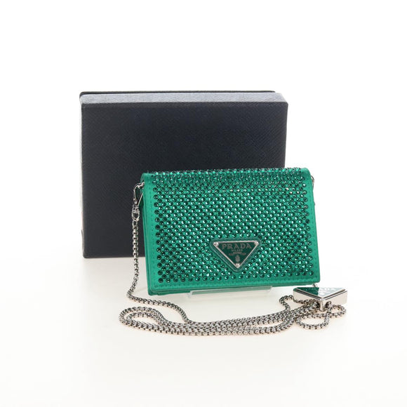 PRADA Chain Shoulder Pouch Satin Green Silver Auth 208344M