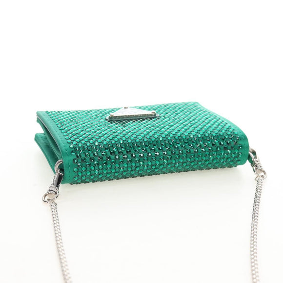 PRADA Chain Shoulder Pouch Satin Green Silver Auth 208344M