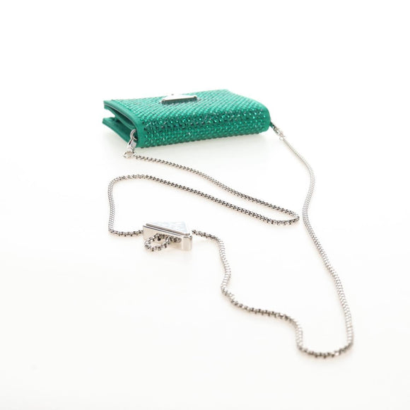 PRADA Chain Shoulder Pouch Satin Green Silver Auth 208344M