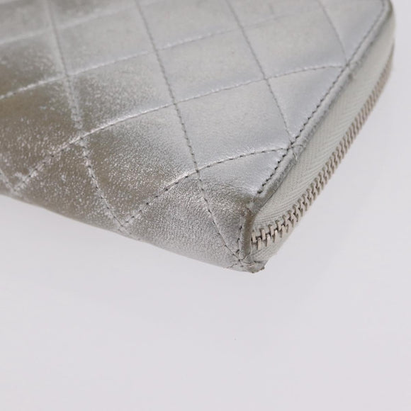 CHANEL Matelasse Long Wallet Lamb Skin Silver CC Auth 208350
