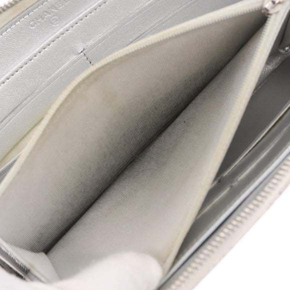 CHANEL Matelasse Long Wallet Lamb Skin Silver CC Auth 208350