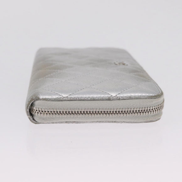 CHANEL Matelasse Long Wallet Lamb Skin Silver CC Auth 208350
