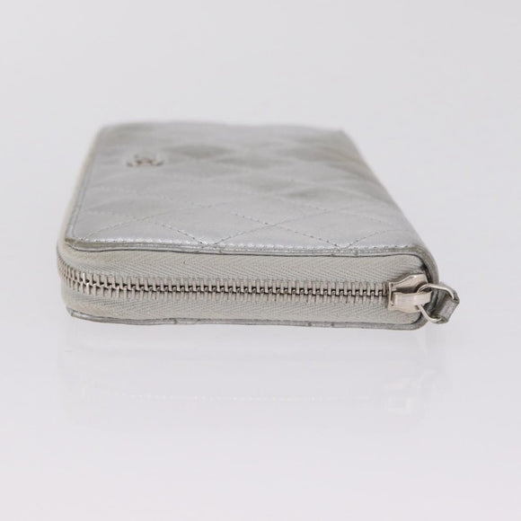 CHANEL Matelasse Long Wallet Lamb Skin Silver CC Auth 208350