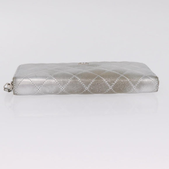 CHANEL Matelasse Long Wallet Lamb Skin Silver CC Auth 208350
