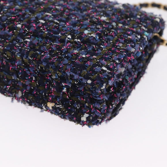 CHANEL Chain wallet Shoulder Bag Tweed Navy Gold CC Auth 208352SAM
