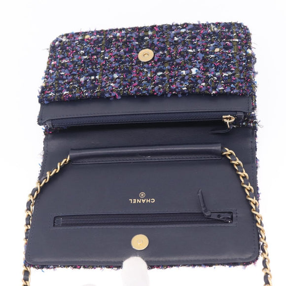 CHANEL Chain wallet Shoulder Bag Tweed Navy Gold CC Auth 208352SAM