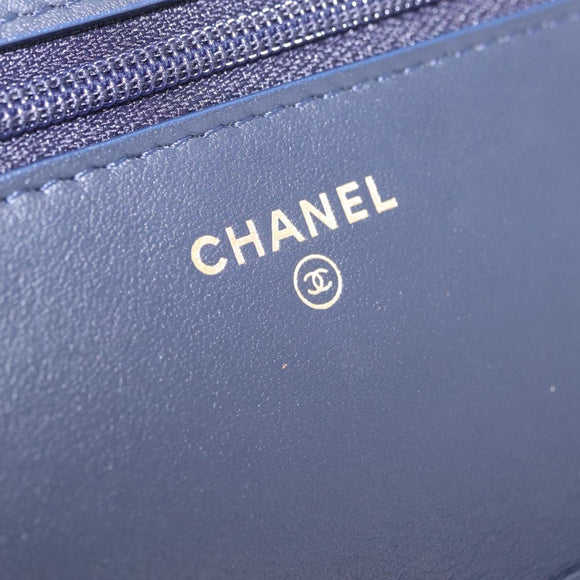 CHANEL Chain wallet Shoulder Bag Tweed Navy Gold CC Auth 208352SAM