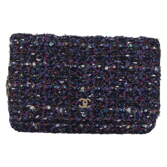 CHANEL Chain wallet Shoulder Bag Tweed Navy Gold CC Auth 208352SAM