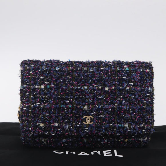 CHANEL Chain wallet Shoulder Bag Tweed Navy Gold CC Auth 208352SAM