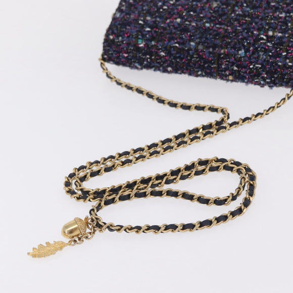 CHANEL Chain wallet Shoulder Bag Tweed Navy Gold CC Auth 208352SAM