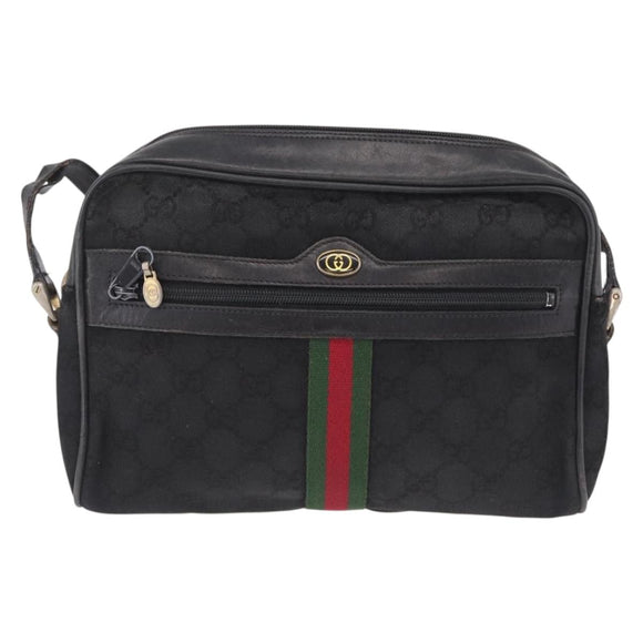 GUCCI GG Canvas Web Sherry Line Shoulder Bag Black Gold Auth 208373