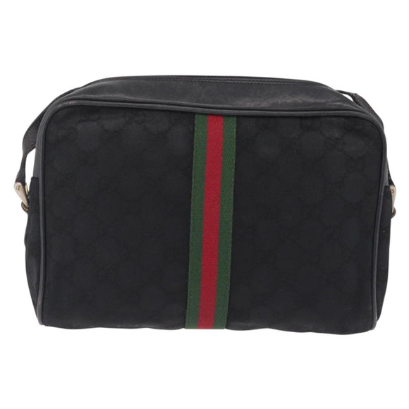 GUCCI GG Canvas Web Sherry Line Shoulder Bag Black Gold Auth 208373